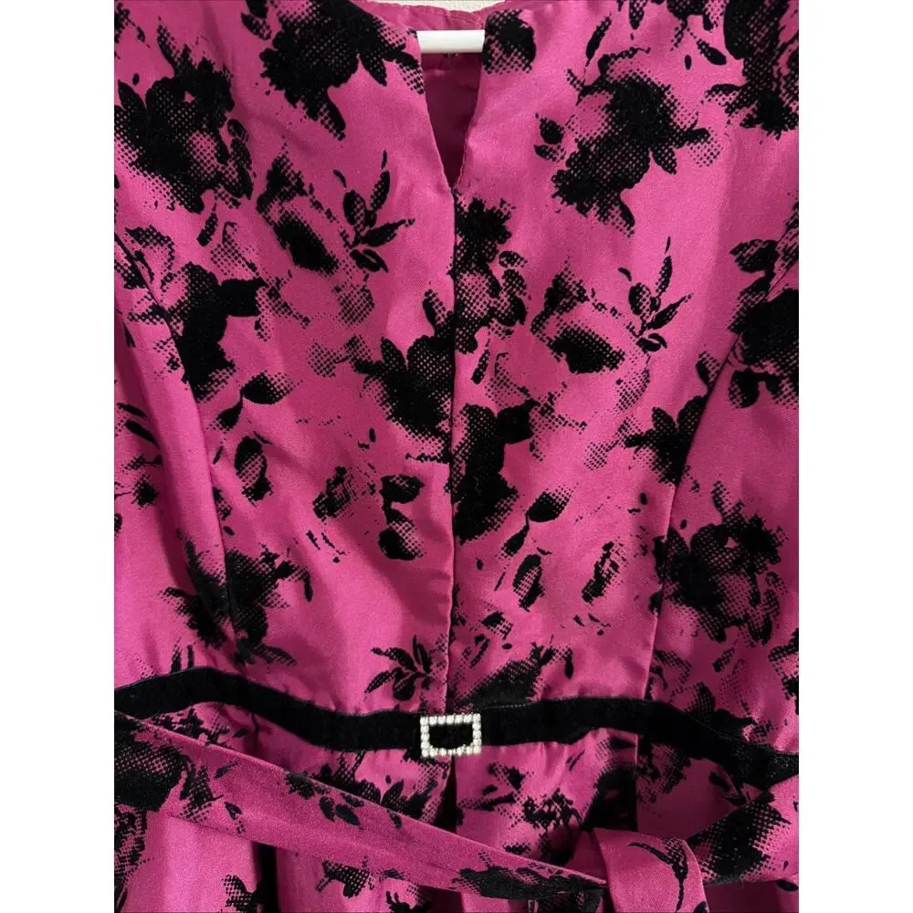 Jona Michelle Girls Hot Pink Black Velvet Flocked Floral Dress Size 12 Party